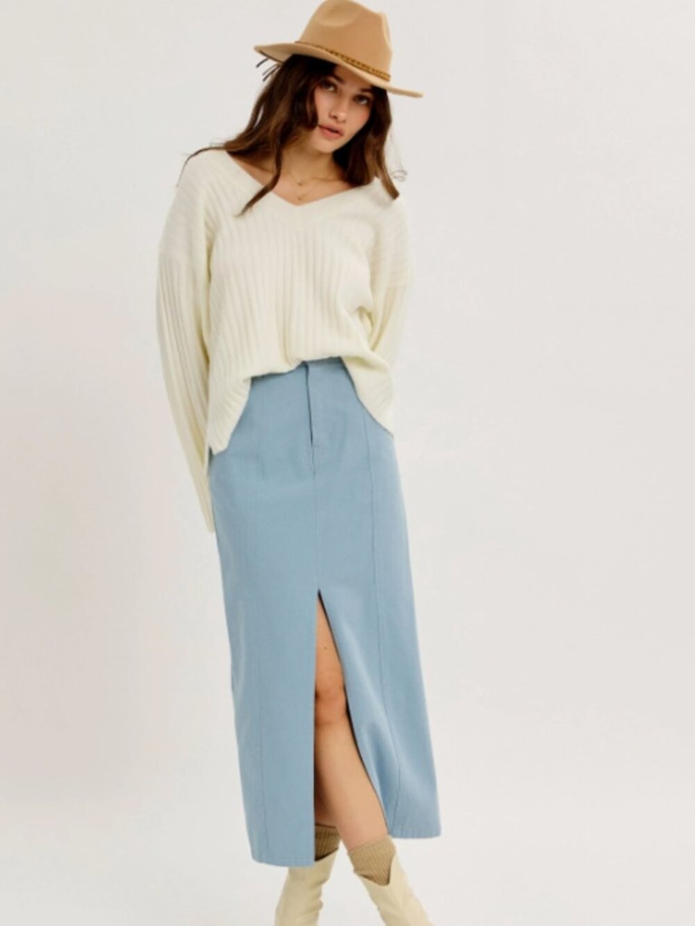 Light Blue Cotton Denim Midi Skirt Front Slit NWT #D141